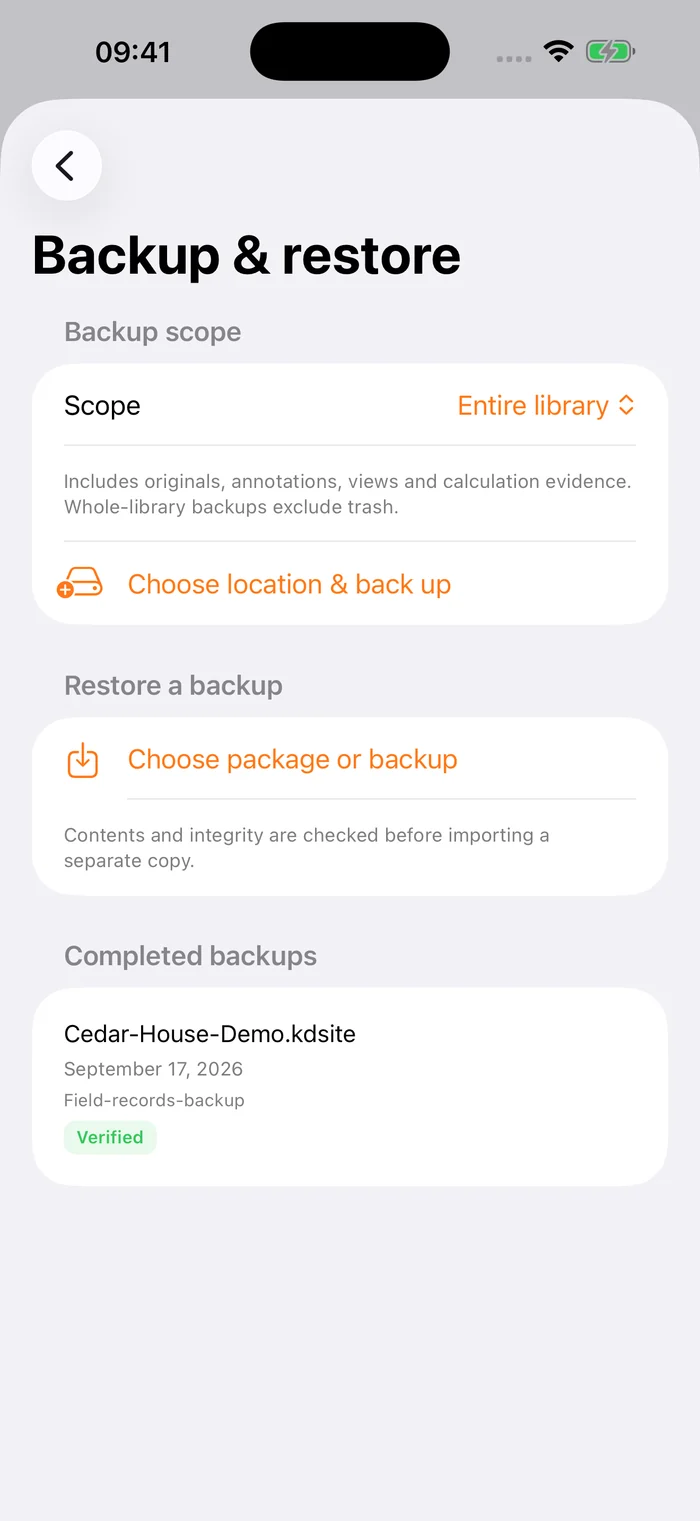 Actual app complete backup and restore screen