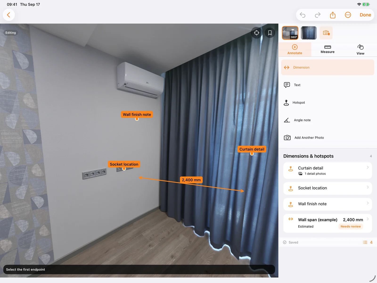 Actual English iPad panorama editor with the canvas beside the tools and dimension list